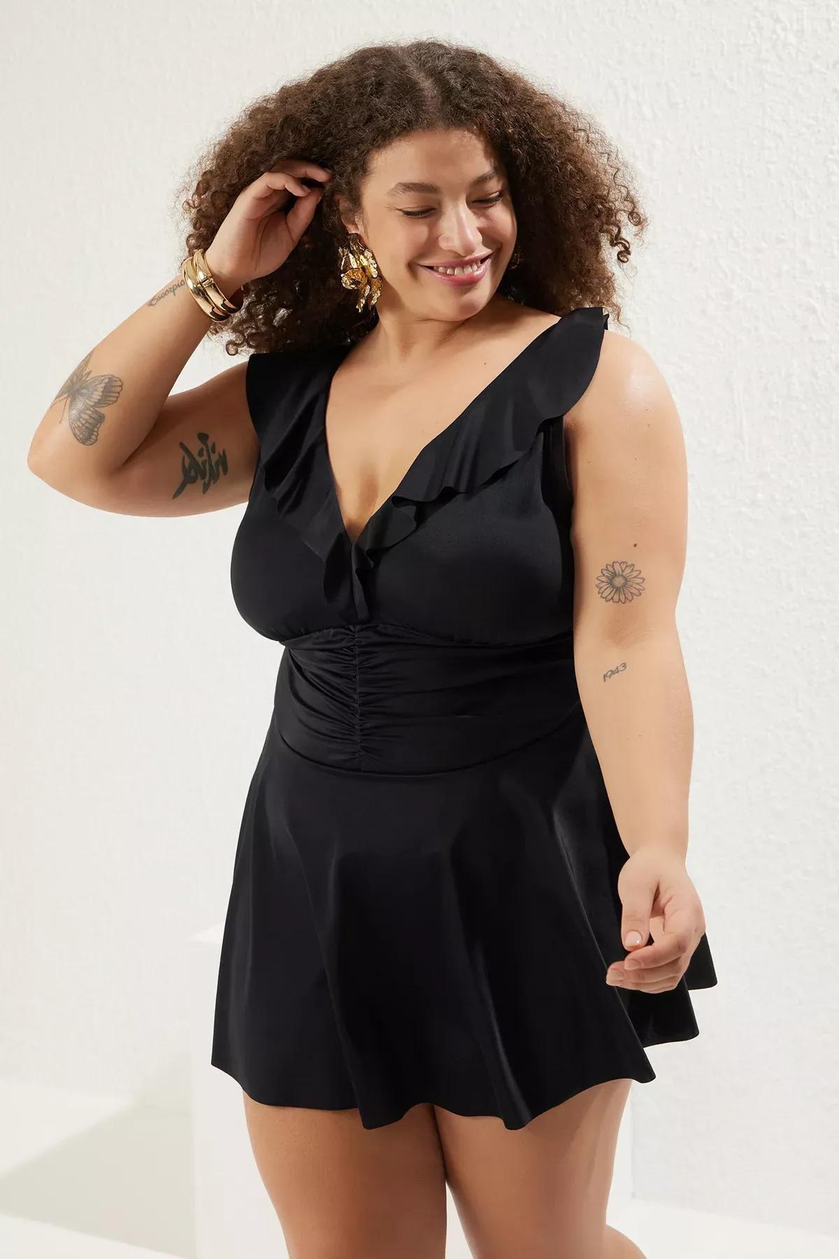 Black Ruffle Pleated Swimsuit Dress, , large image number 1