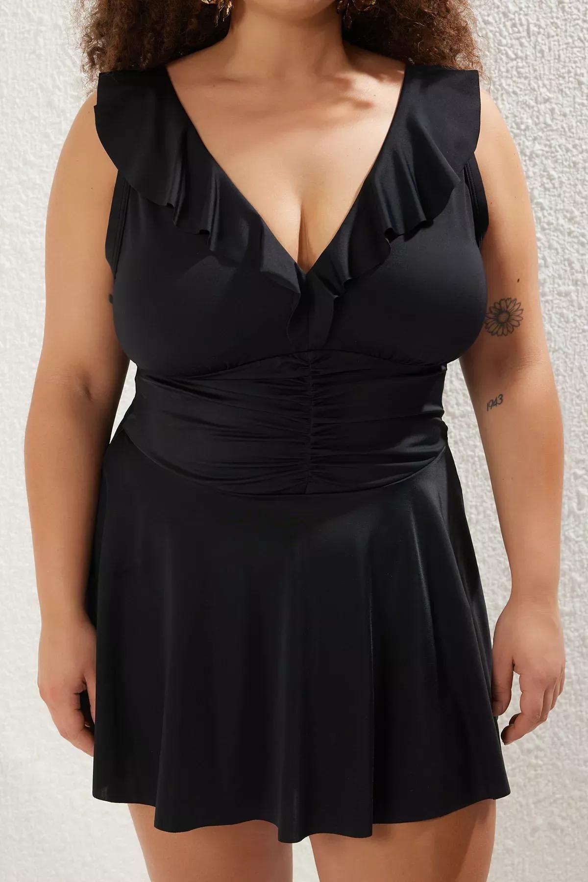 Black Ruffle Pleated Swimsuit Dress, , large image number 2