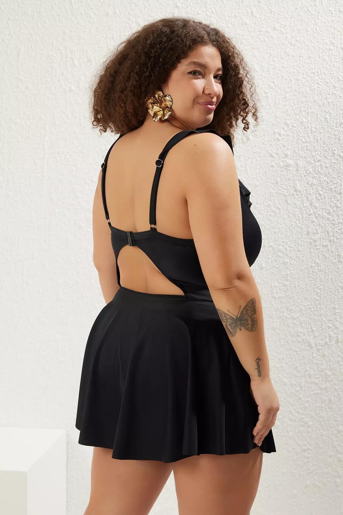 Black Ruffle Pleated Swimsuit Dress, , large image number 4