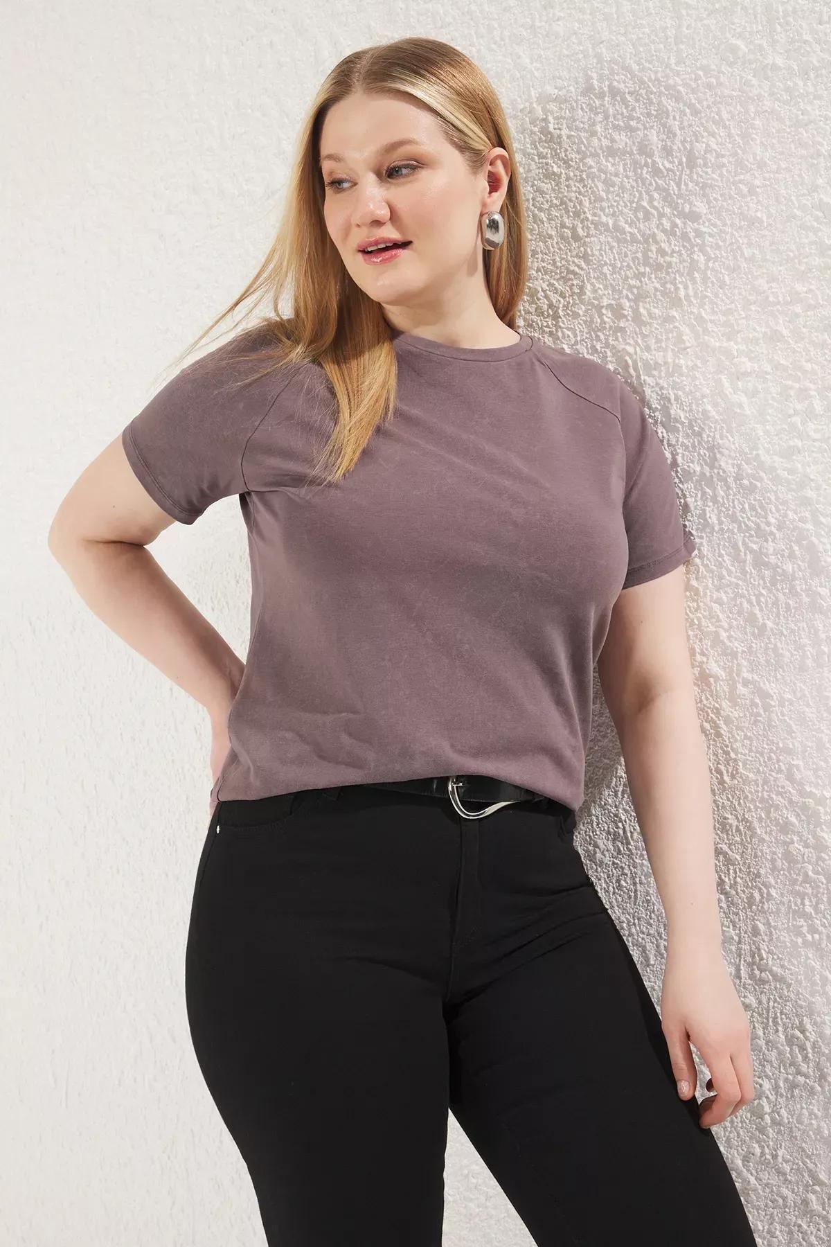 Grey Crew Neck Washed Knitted Plus-Size T-Shirt, , large image number 0