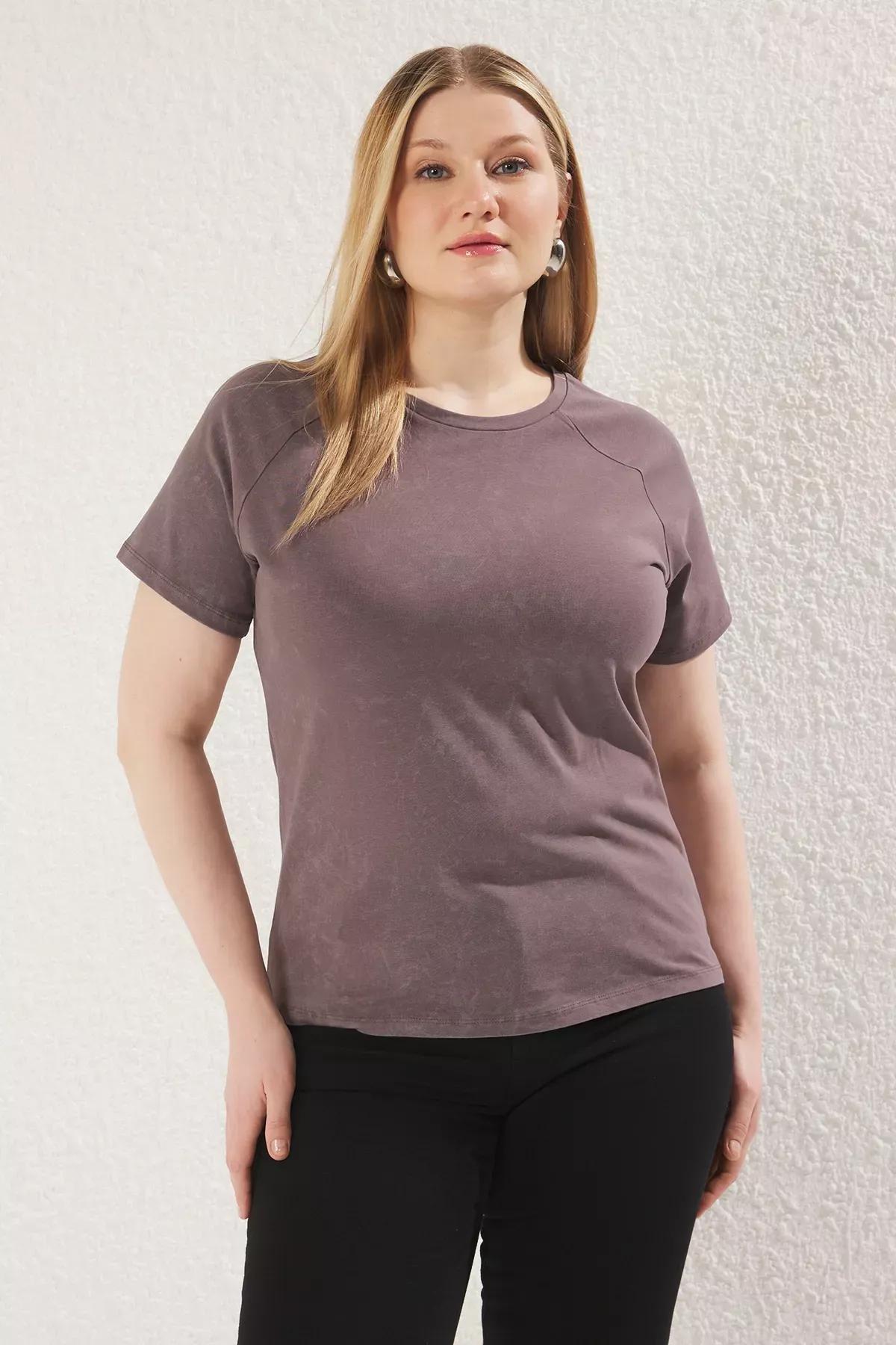 Grey Crew Neck Washed Knitted Plus-Size T-Shirt, , large image number 1