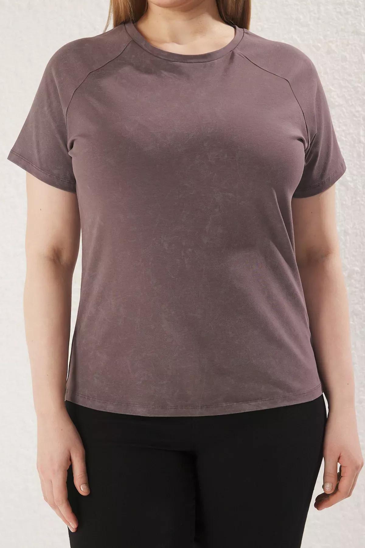 Grey Crew Neck Washed Knitted Plus-Size T-Shirt, , large image number 2