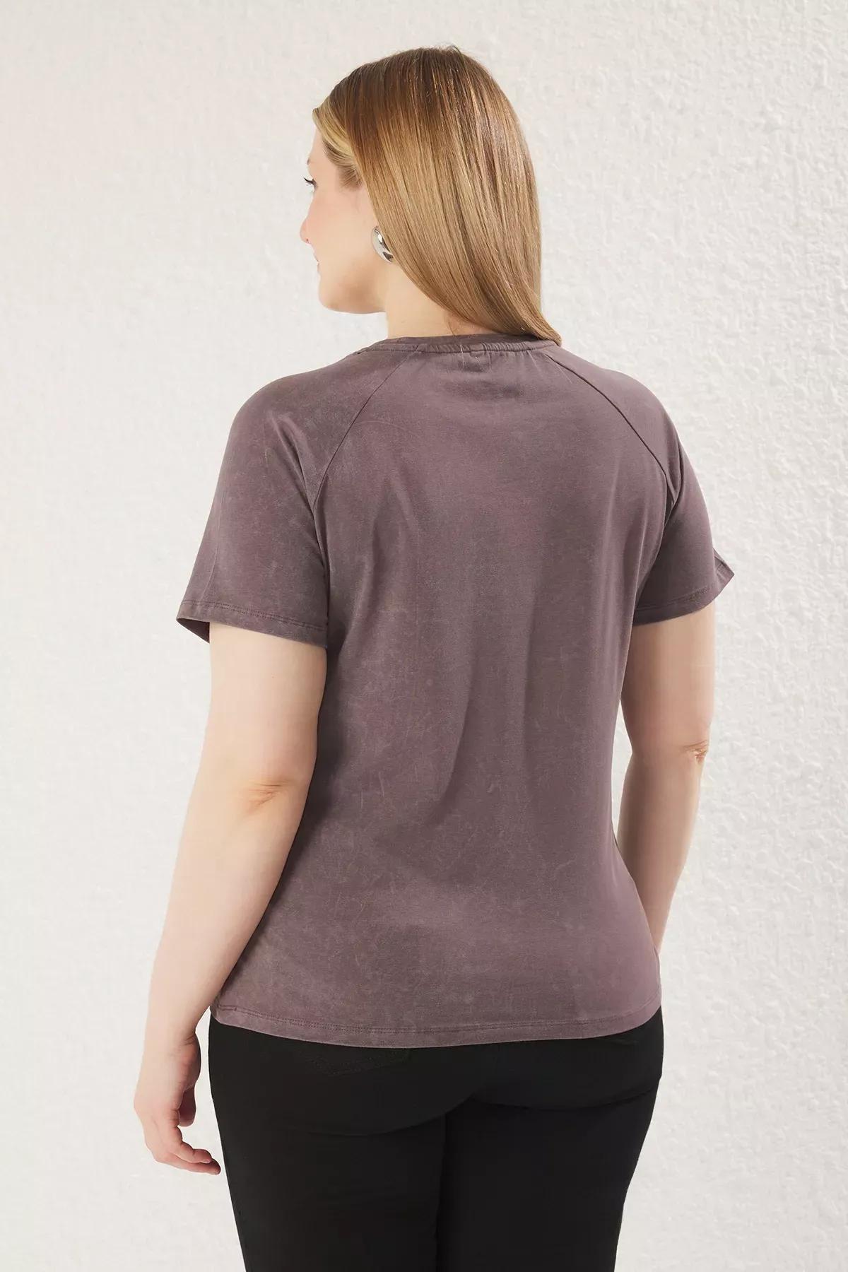 Grey Crew Neck Washed Knitted Plus-Size T-Shirt, , large image number 4