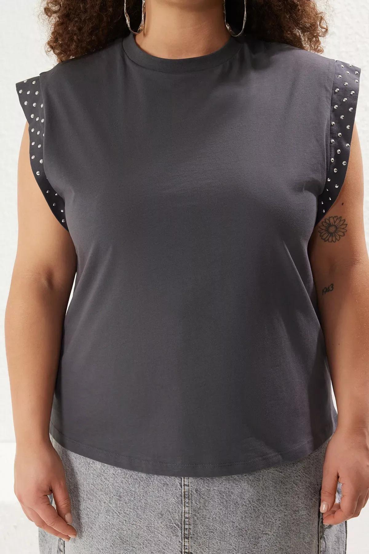 Grey Crew Neck Knitted Plus-Size T-Shirt, , large image number 2
