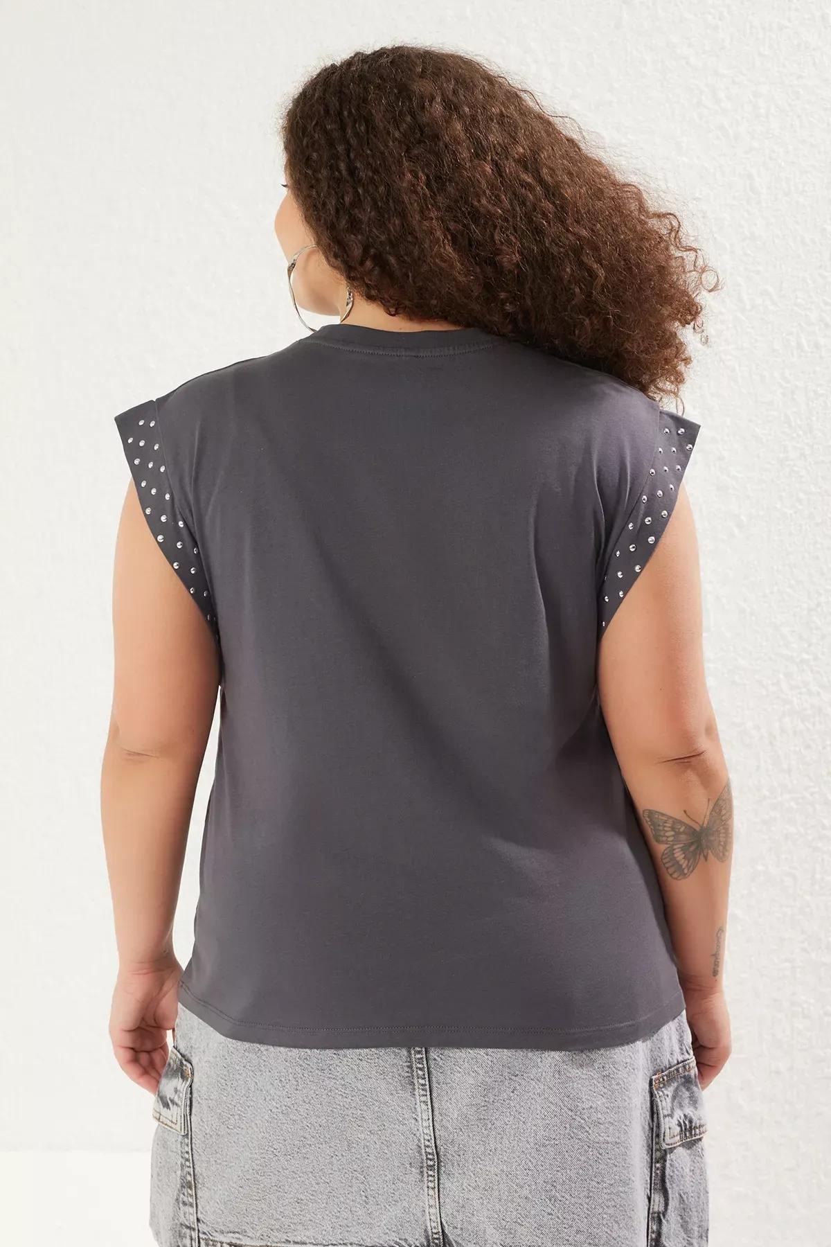 Grey Crew Neck Knitted Plus-Size T-Shirt, , large image number 4
