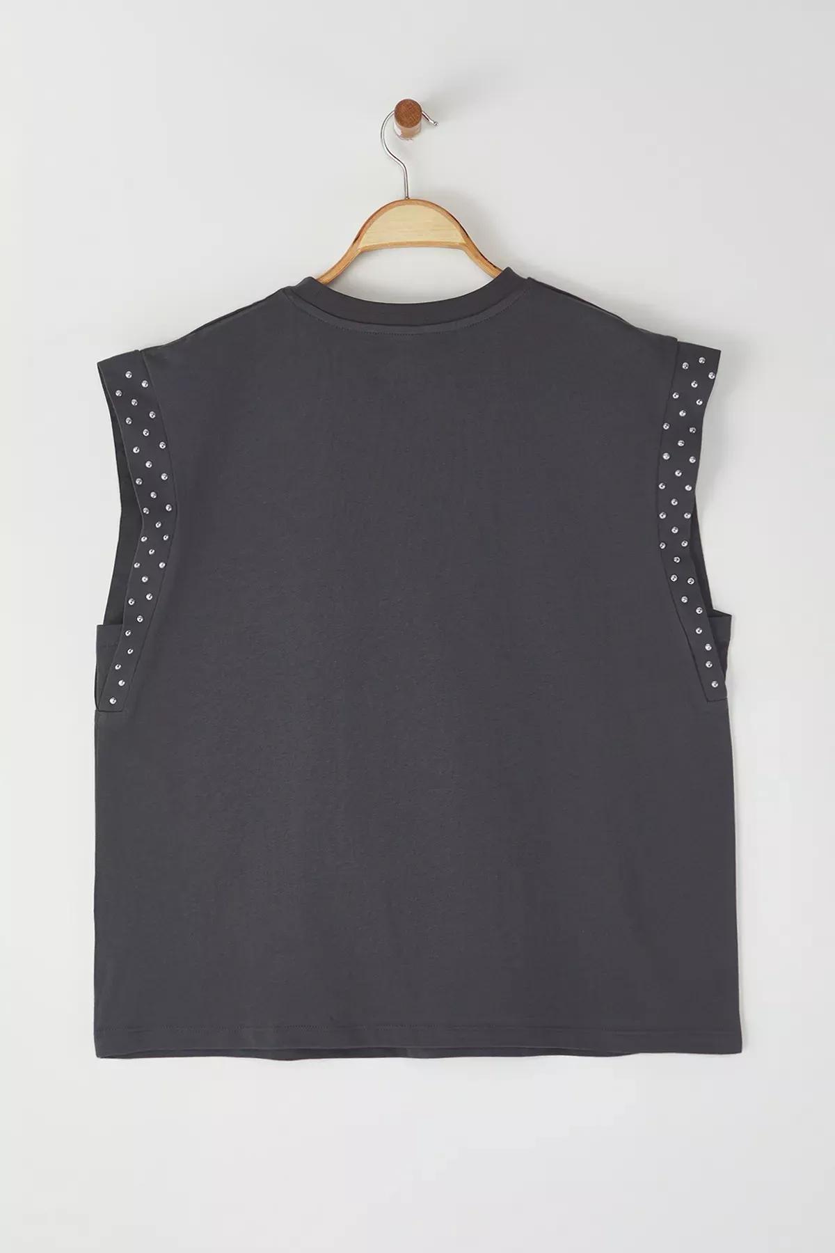 Grey Crew Neck Knitted Plus-Size T-Shirt, , large image number 5