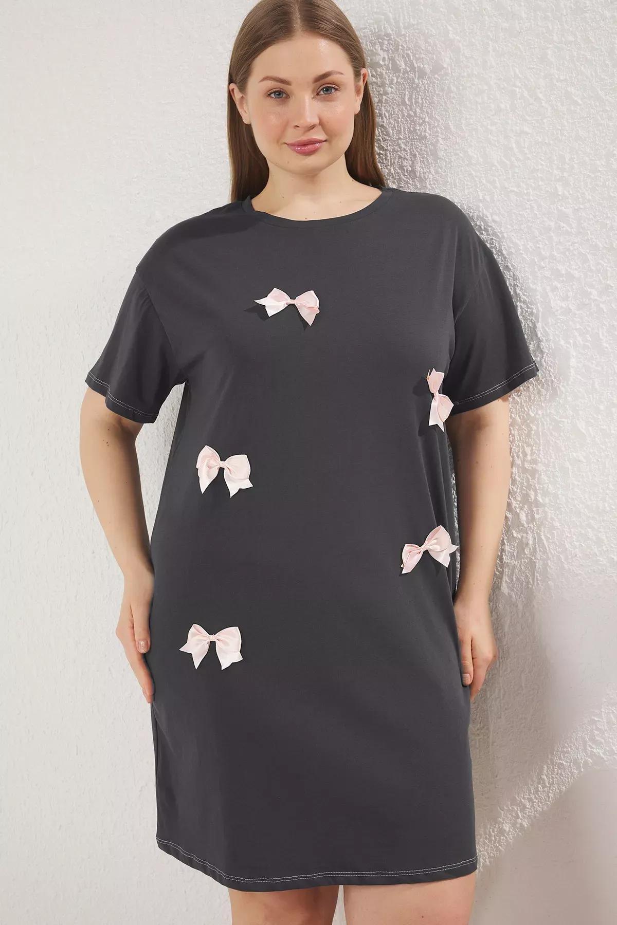 Grey Embroidered Knit Nightgown, , large image number 1