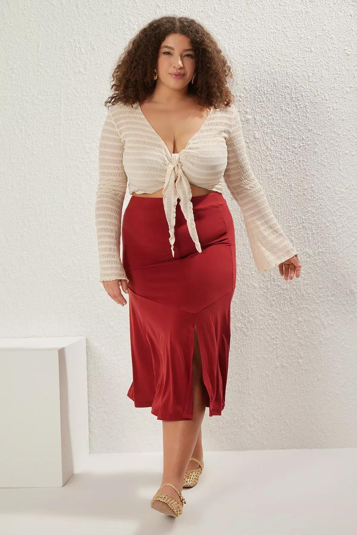 Burgundy Elastic Waist Knit Skirt, C101_7277, large image number 0