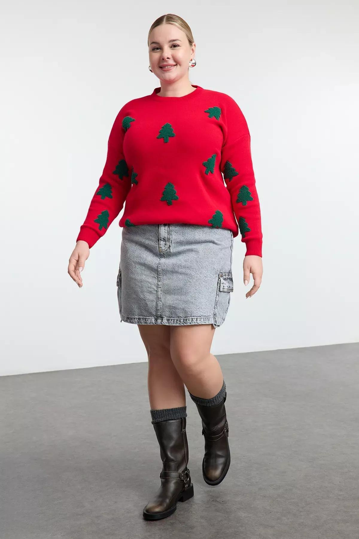 Red Embroidered Knit Sweater, Red, large image number 1