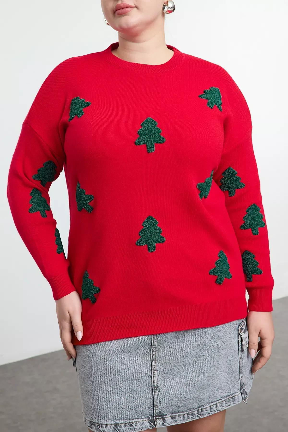 Red Embroidered Knit Sweater, Red, large image number 3