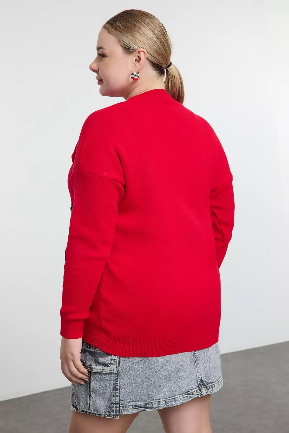 Red Embroidered Knit Sweater, Red, large image number 4