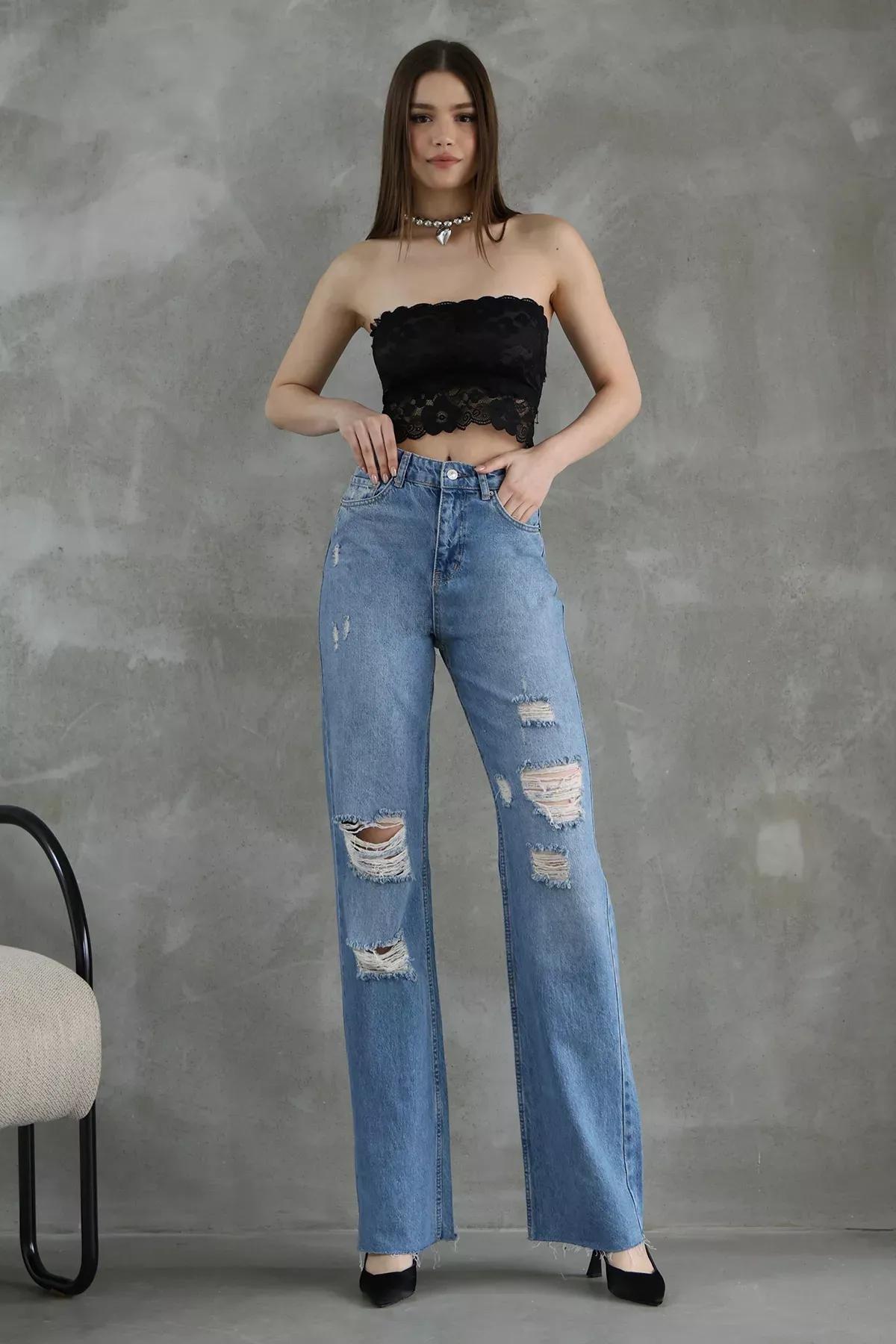 Blue Ripped High-Waist Jeans, , large image number 1