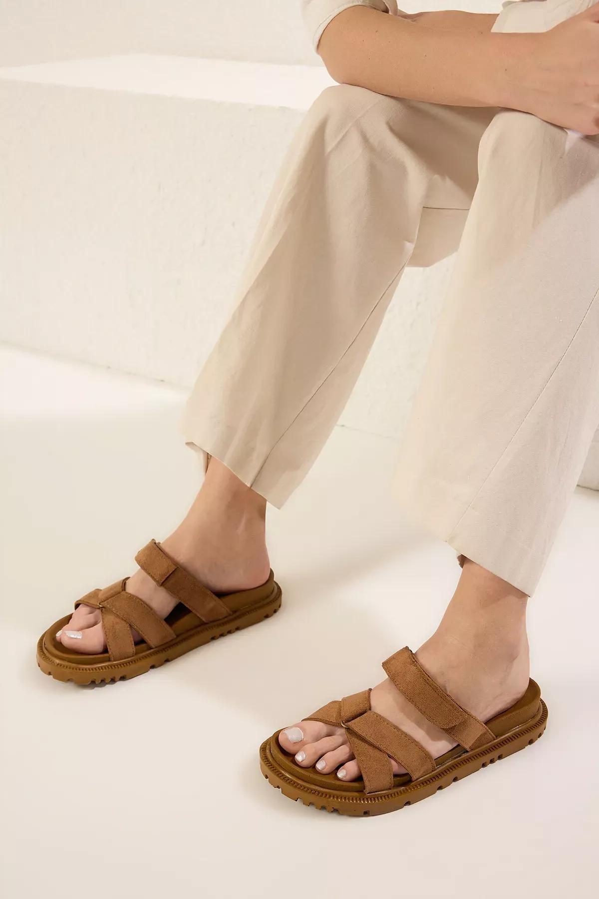 Brown Velcro Flat Slippers, Tan, medium