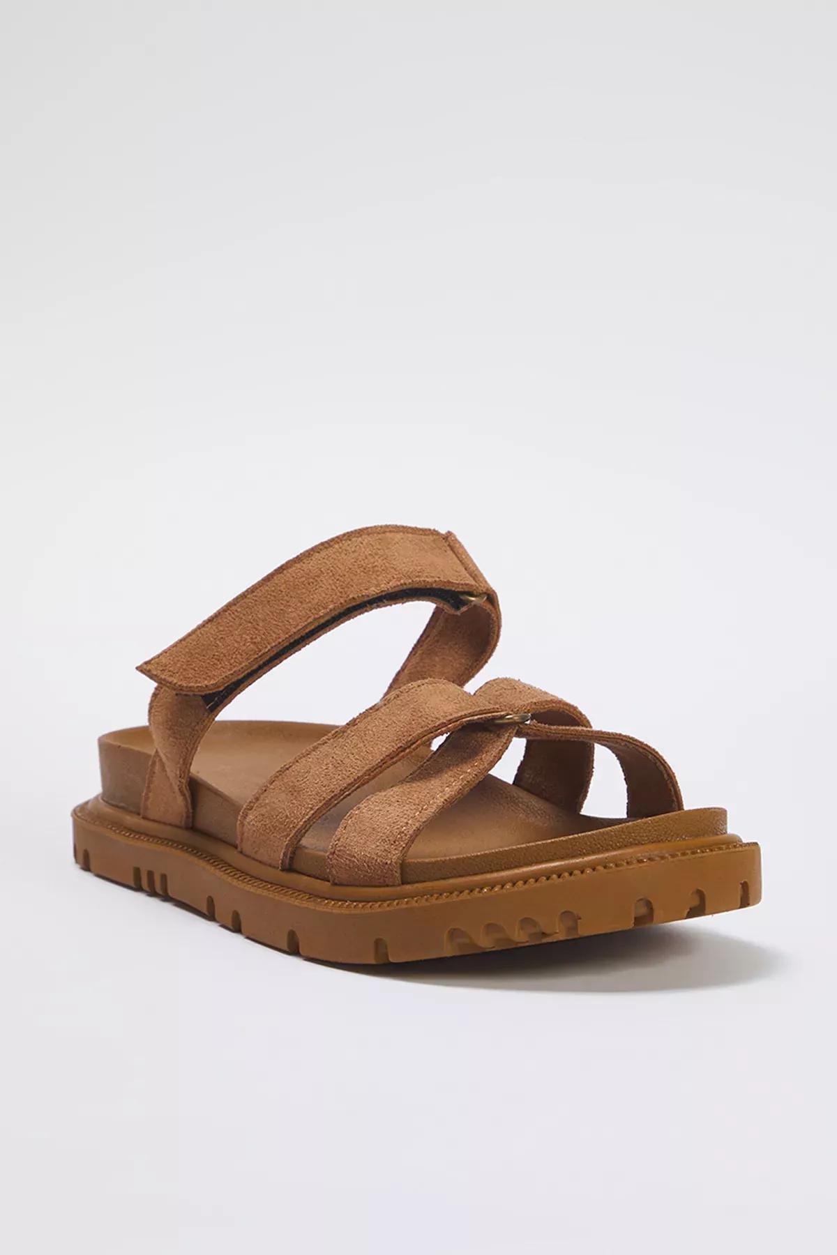 Brown Velcro Flat Slippers, Tan, medium