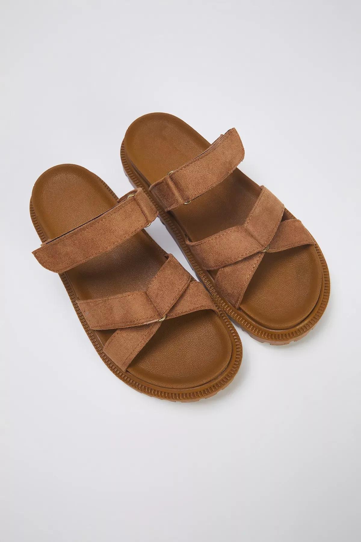 Brown Velcro Flat Slippers, , large image number 3