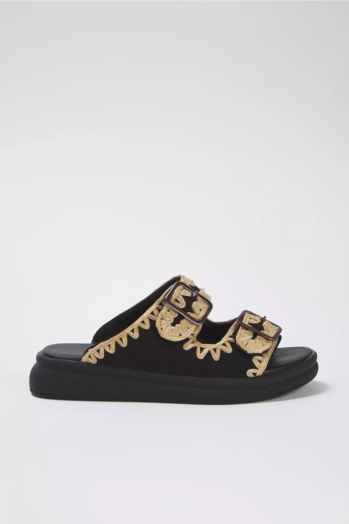 Black Antique Flat Slippers, , large image number 1