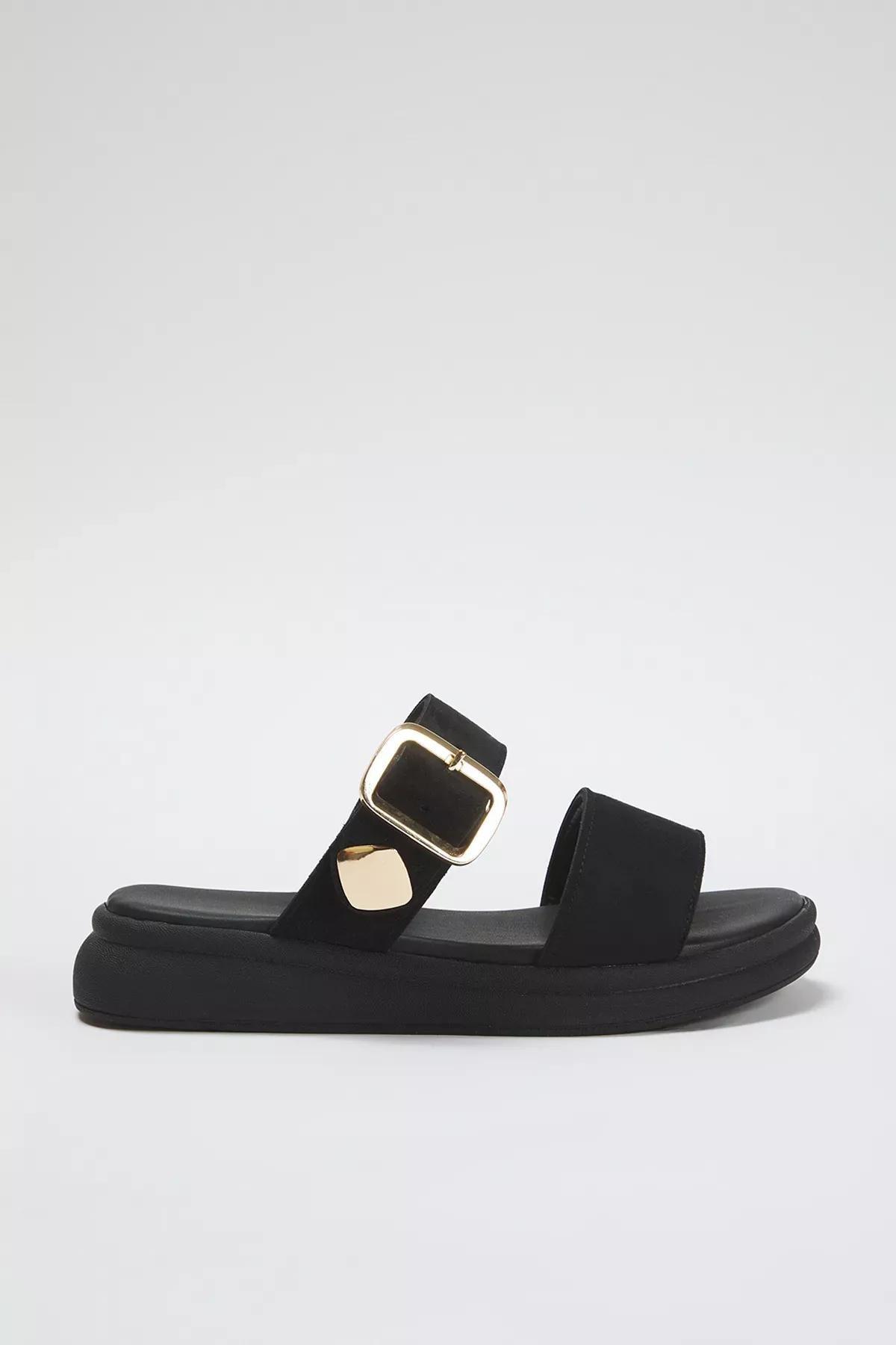 Black Gold Flat Slippers, , large image number 0