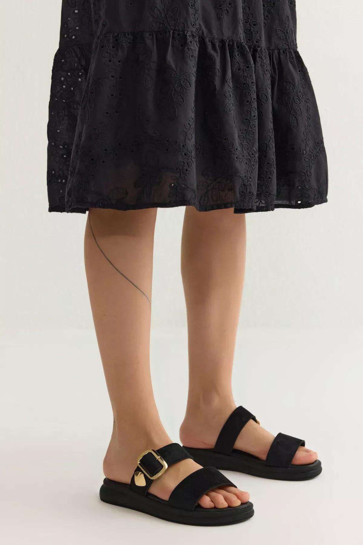 Black Gold Flat Slippers, BLACK, medium