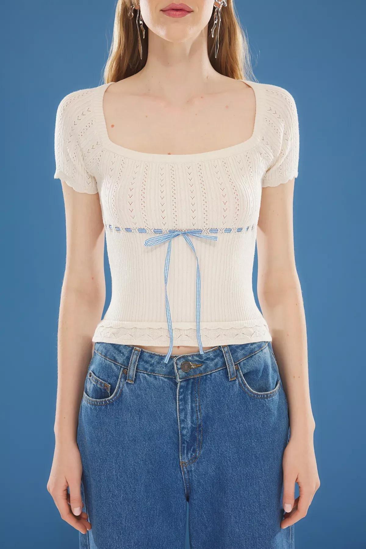 Beige Square Collar Knitwear Blouse, Ecru, large image number 2