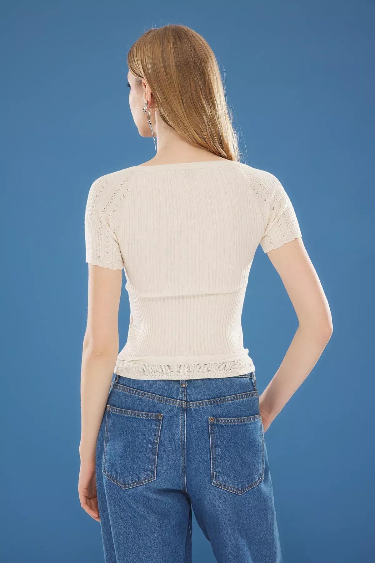 Beige Square Collar Knitwear Blouse, Ecru, large image number 4