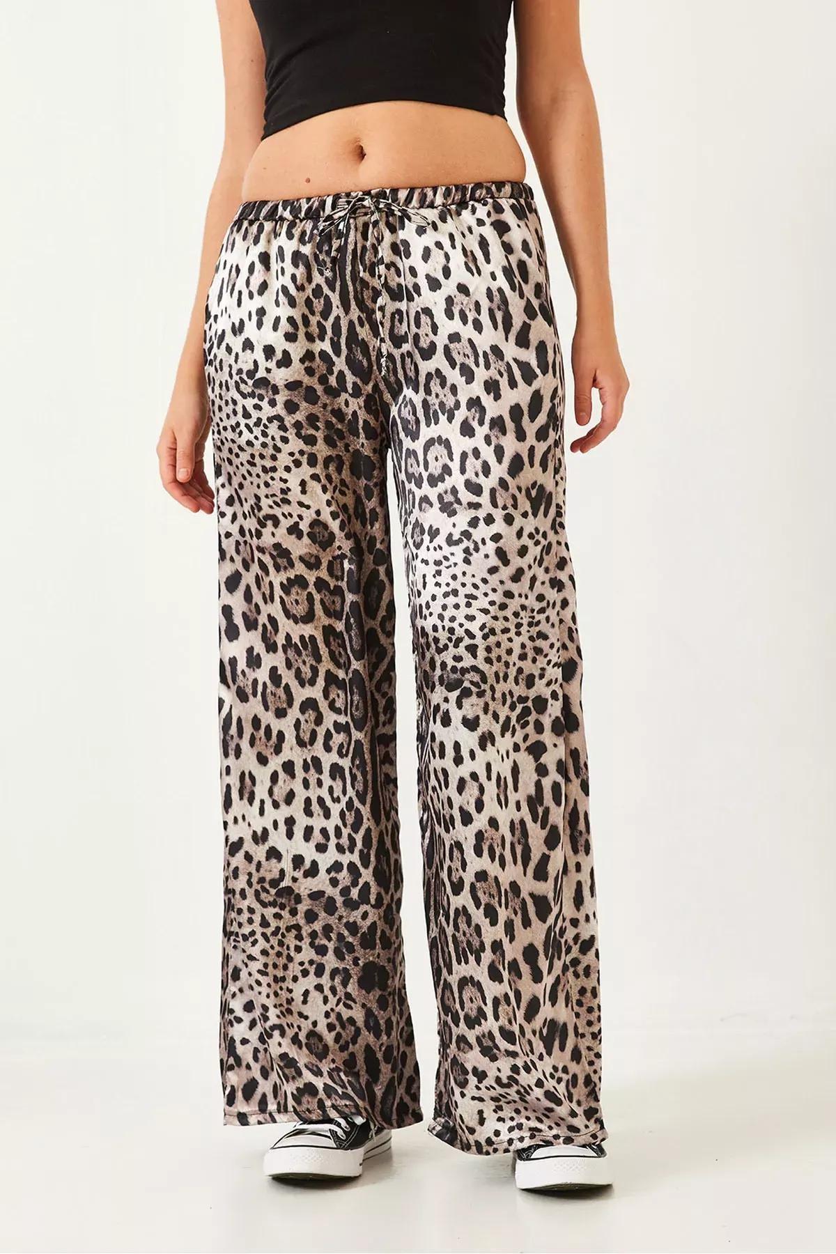 Beige Leopard Satin Palazzo Trousers, , large image number 0