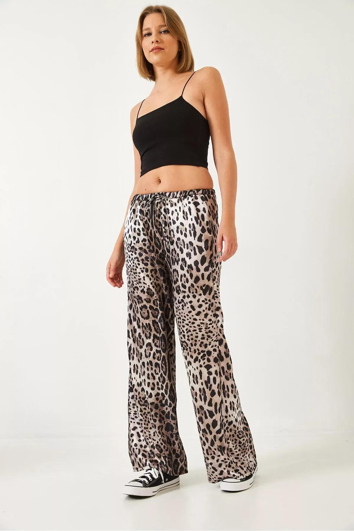 Beige Leopard Satin Palazzo Trousers, , large image number 1