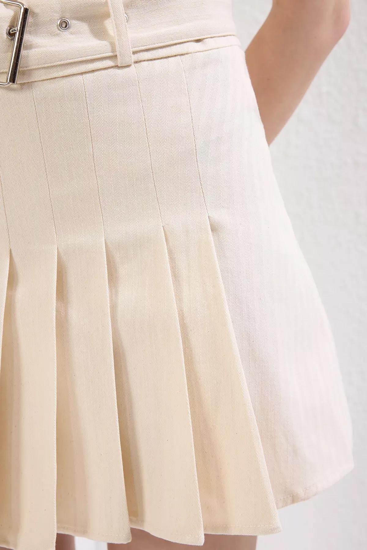 Beige Belt Detailed Pleated Mini Skirt, , large image number 2