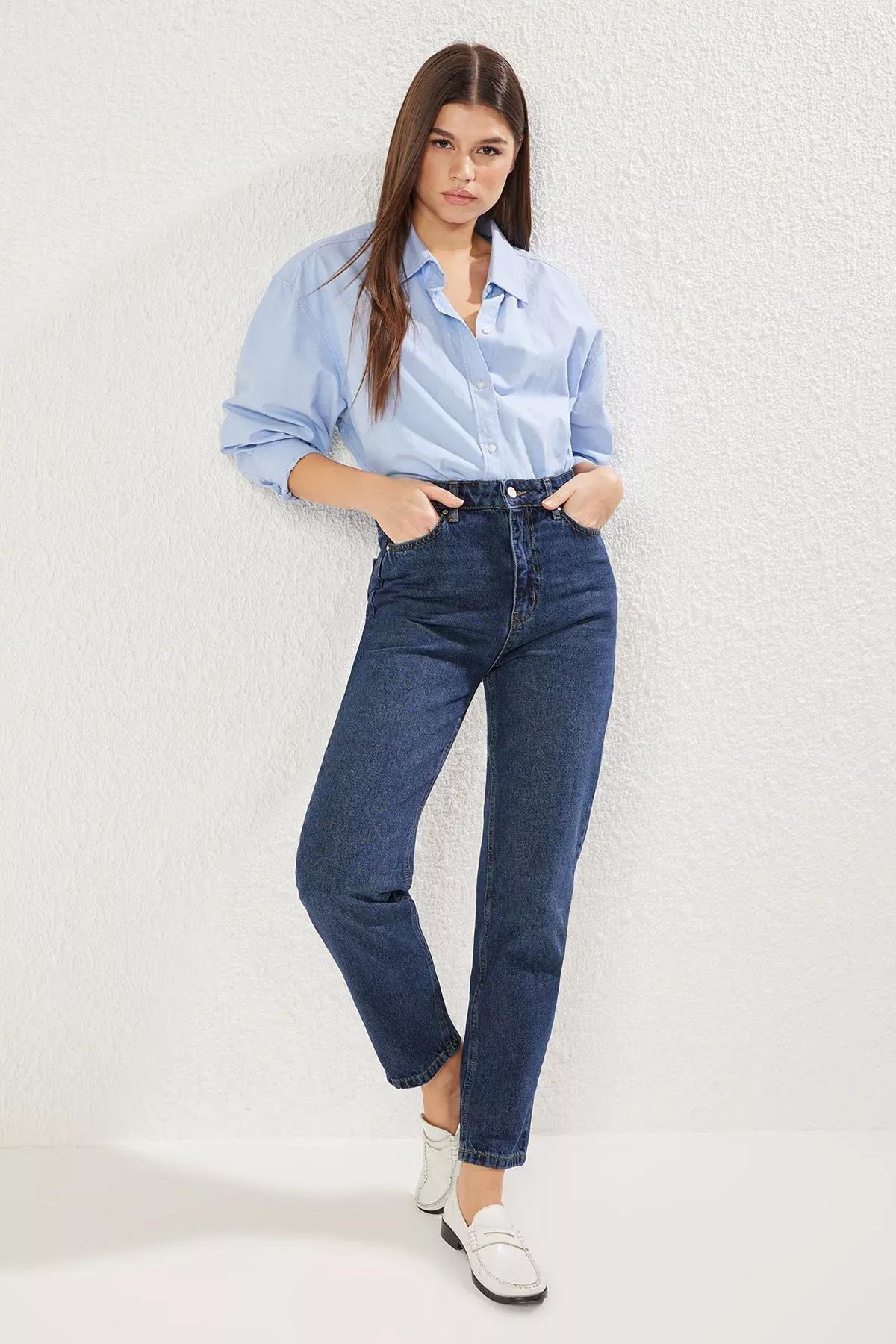 Blue Regular Waist Mom Jeans, , medium