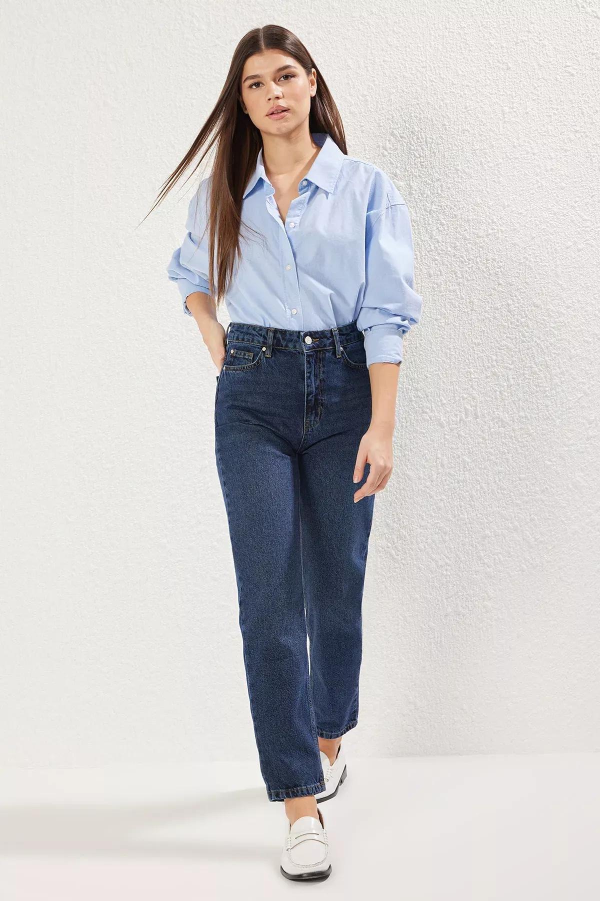 Blue Regular Waist Mom Jeans, , large image number 1