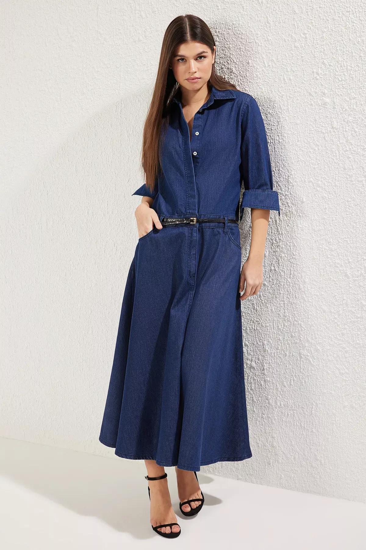 Blue Maxi Denim Shirt Dress, DARK BLUE, large image number 0