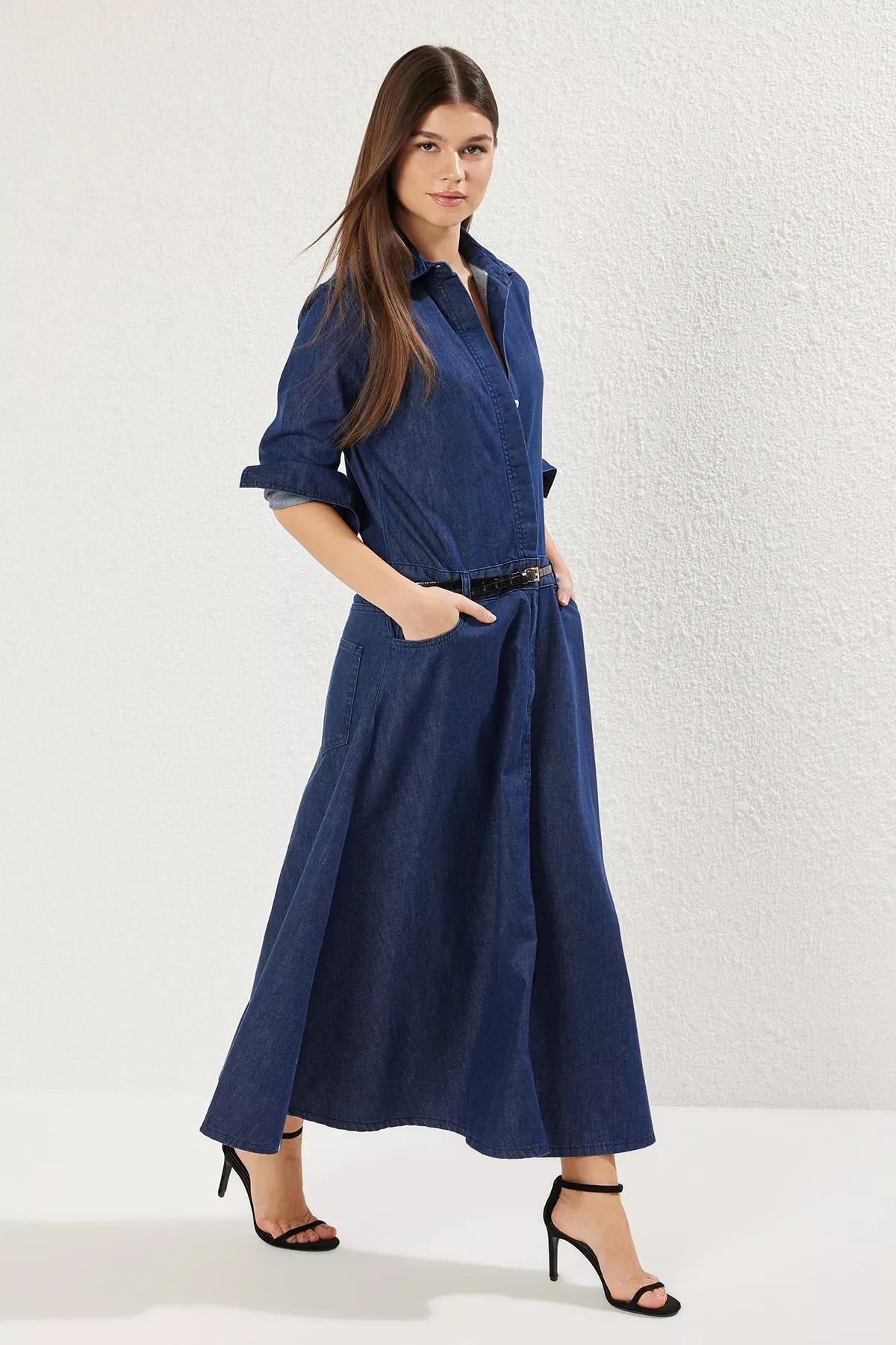 Blue Maxi Denim Shirt Dress, DARK BLUE, large image number 1