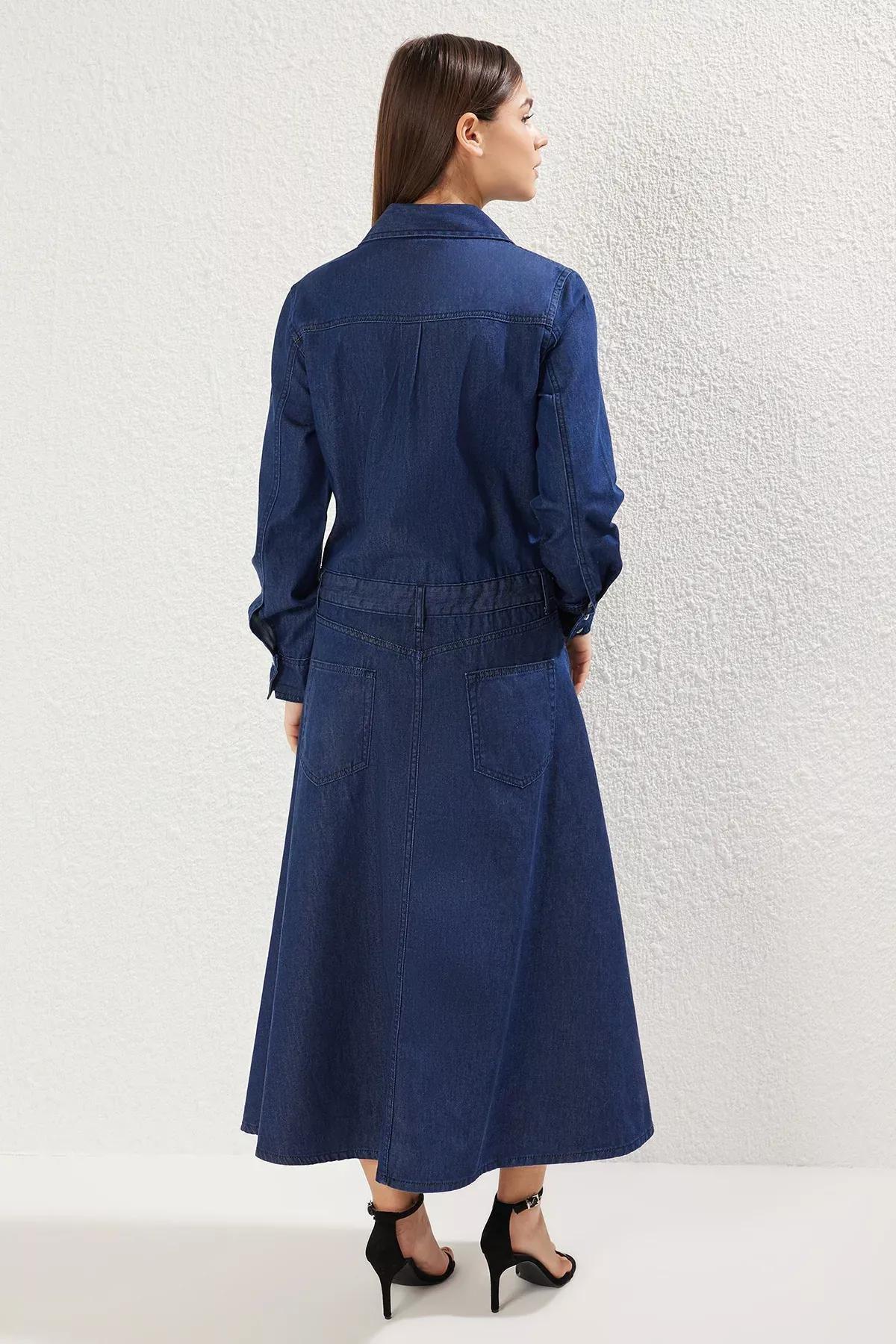 فستان دينيم طويل بتصميم قميص، أزرق, DARK BLUE, large image number 4