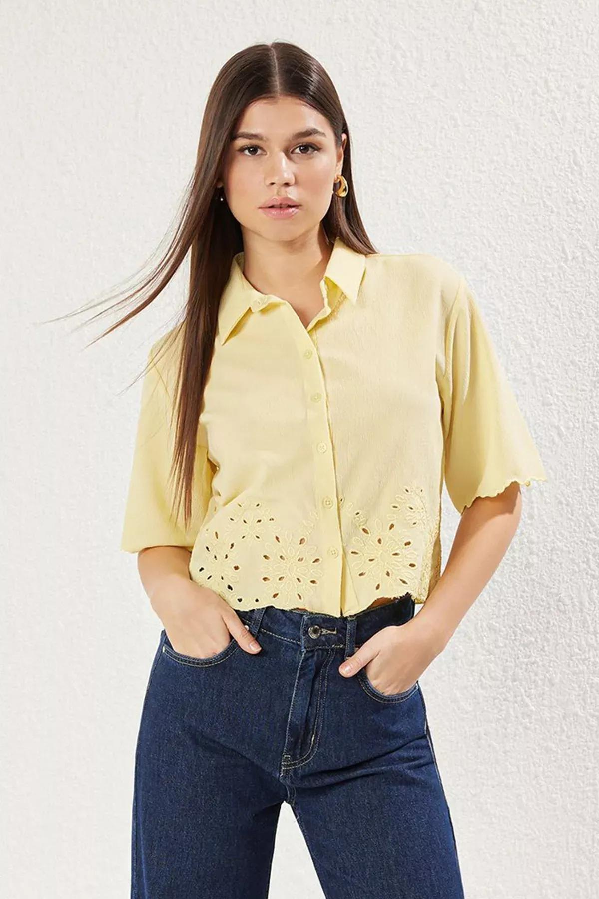 Woven Shirt Yellow Hem and Sleeve Embroidery, C101_7287, large image number 1