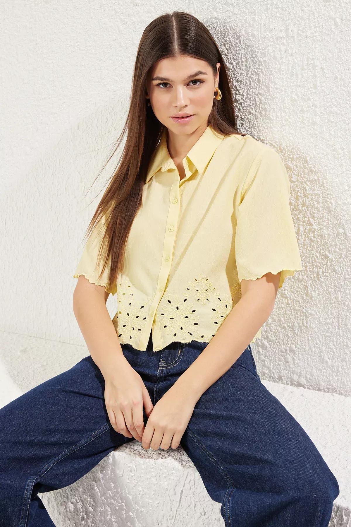 Woven Shirt Yellow Hem and Sleeve Embroidery, C101_7287, large image number 2