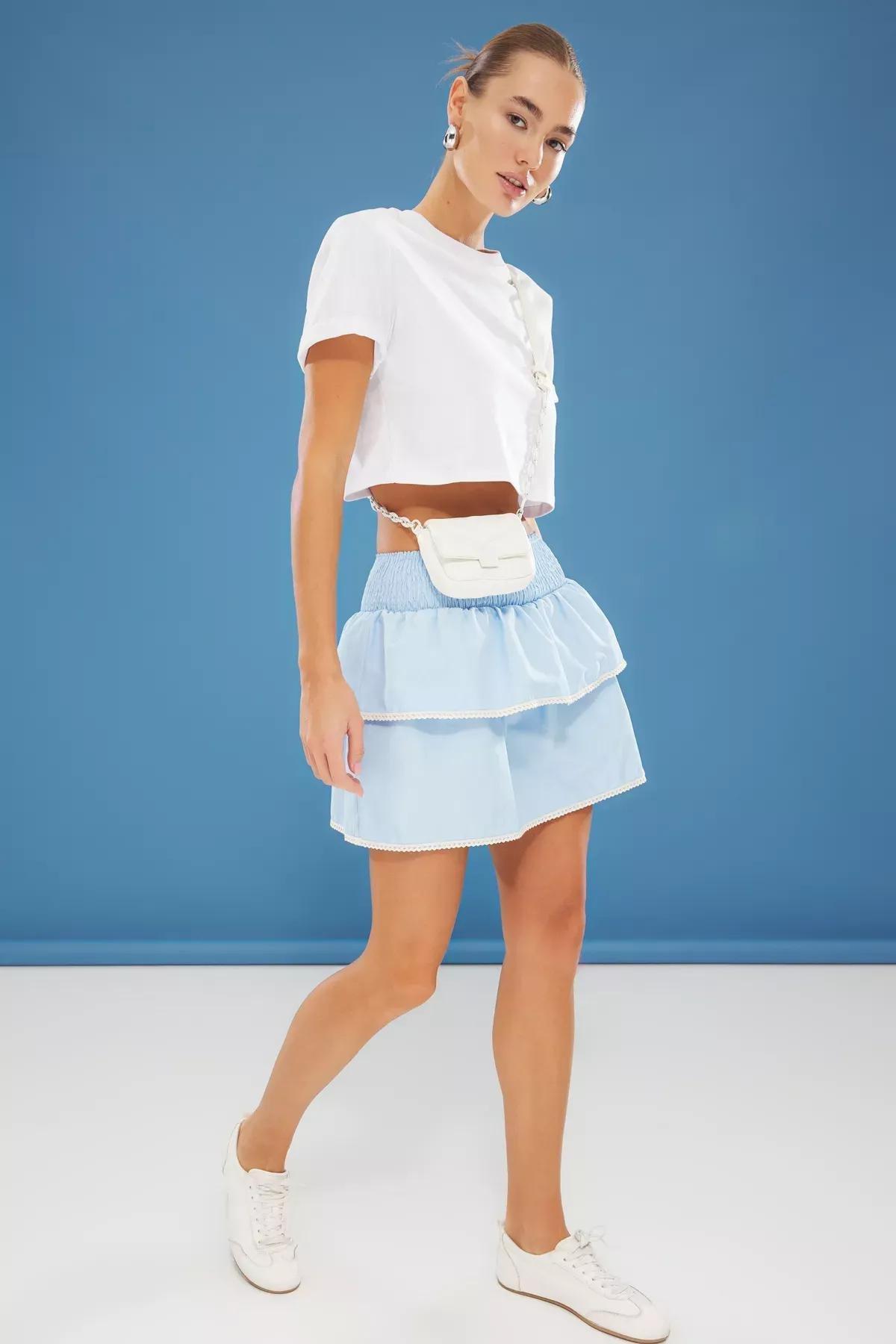 Blue Ruffle Mini Length Woven Skirt, , large image number 0