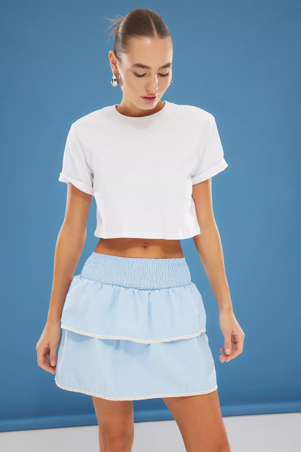 Blue Ruffle Mini Length Woven Skirt, , large image number 1