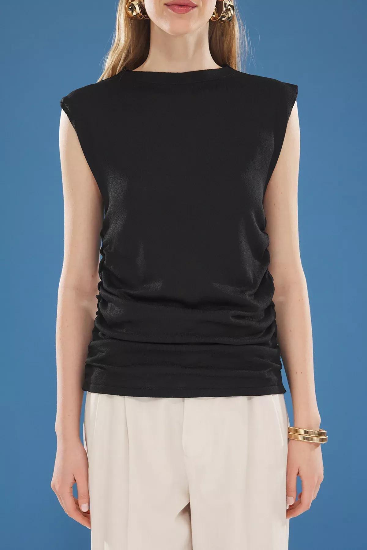 Black Pleated Knit Blouse, , large image number 2