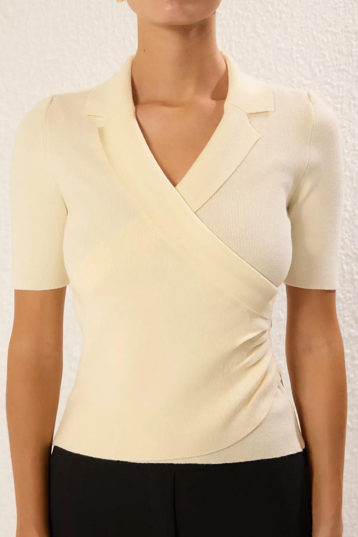 Beige Double Breasted Gathered Blouse, Ecru, large image number 2
