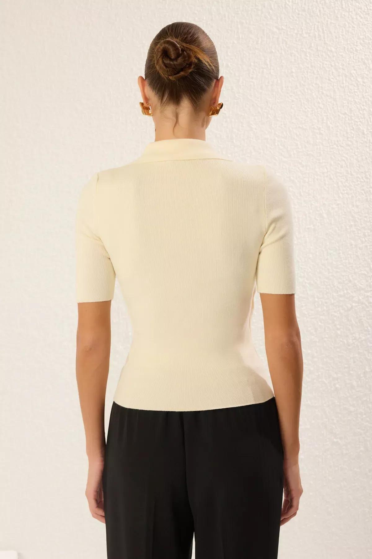 Beige Double Breasted Gathered Blouse, Ecru, large image number 4
