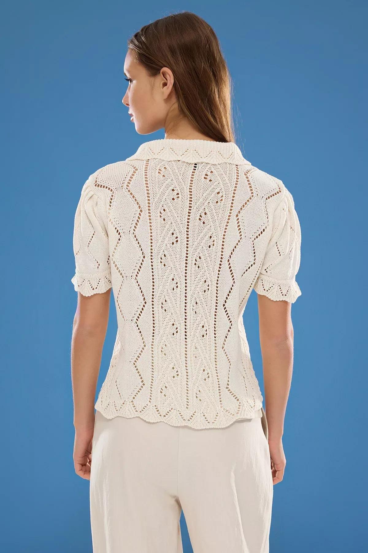 Beige Baby Collar Embroidered Blouse, , large image number 4