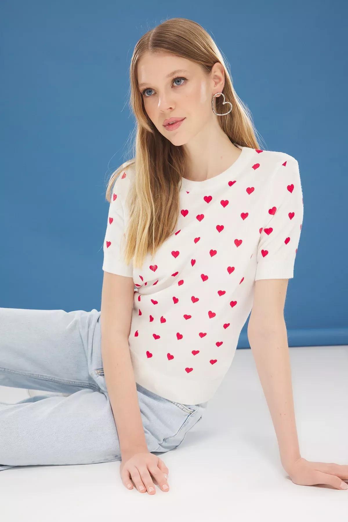 White Heart Print Knit Blouse, , large image number 1