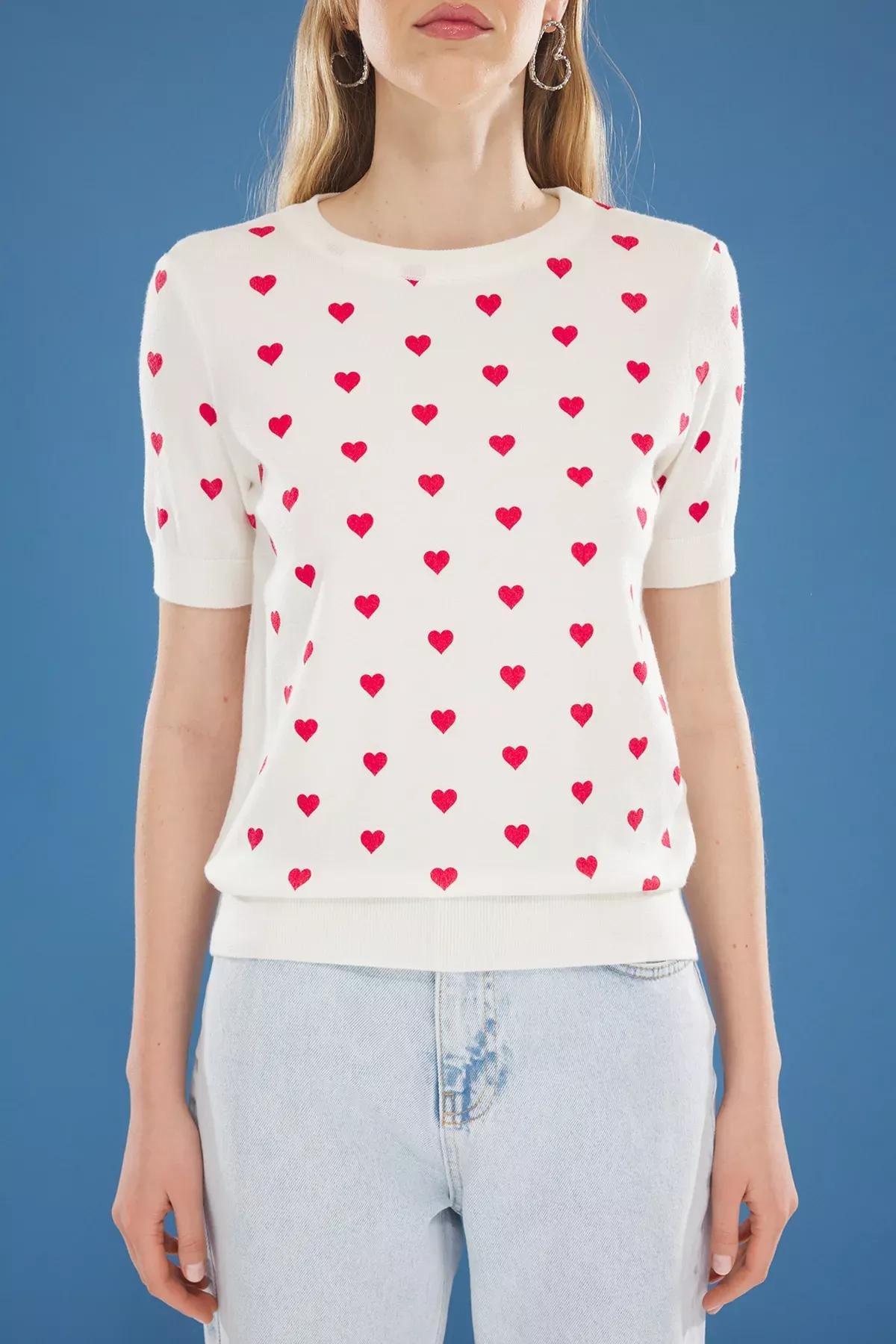 White Heart Print Knit Blouse, , large image number 2