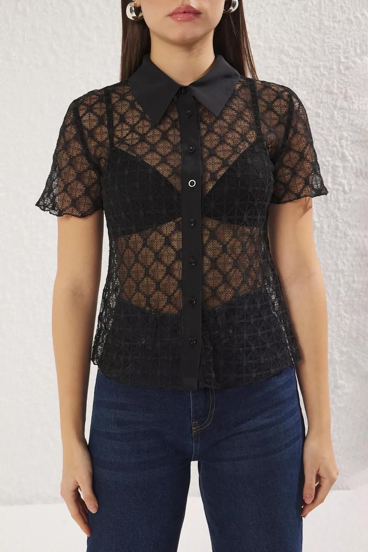 Black Lace Half Sleeve Shirt, , large image number 2