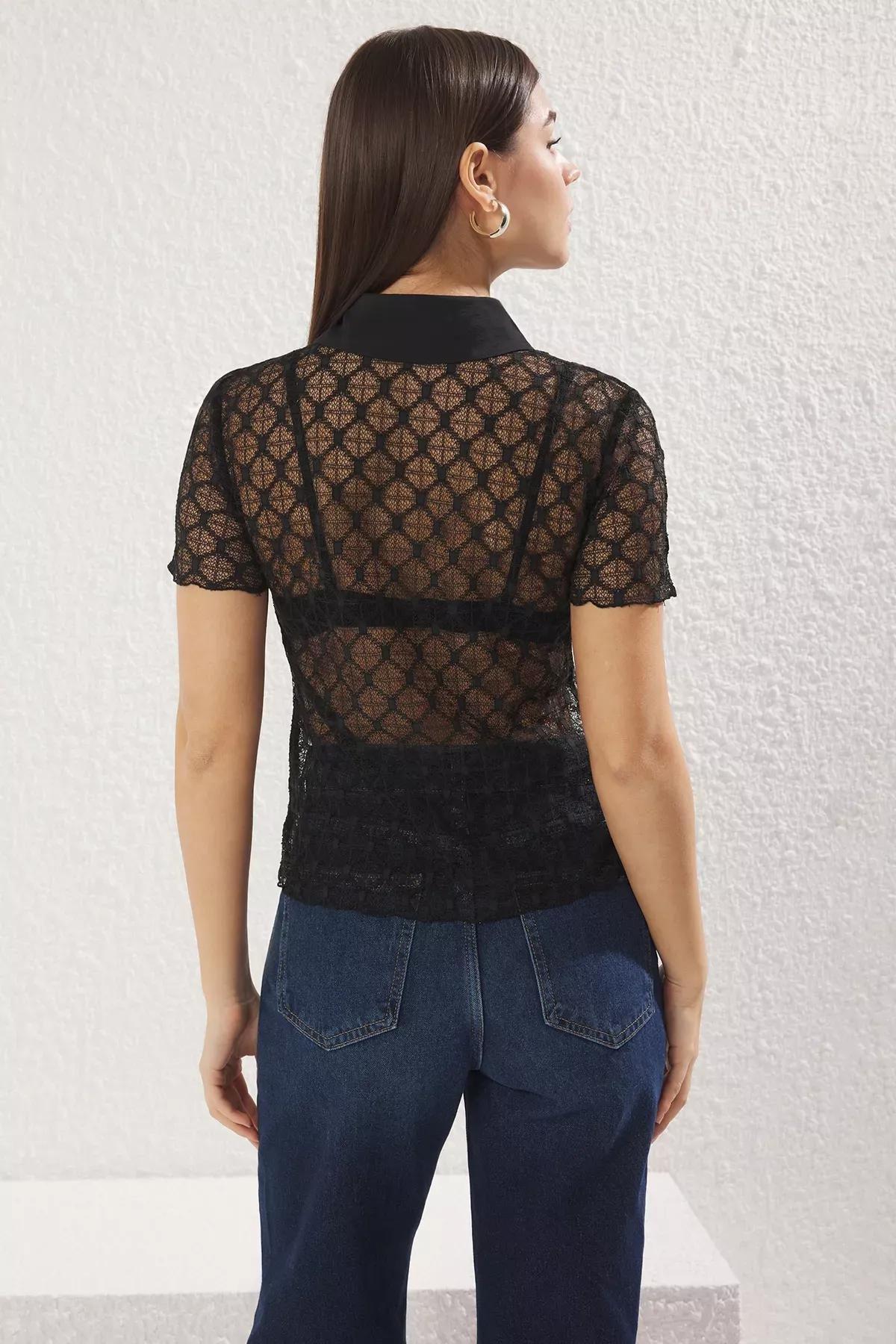 Black Lace Half Sleeve Shirt, , large image number 4