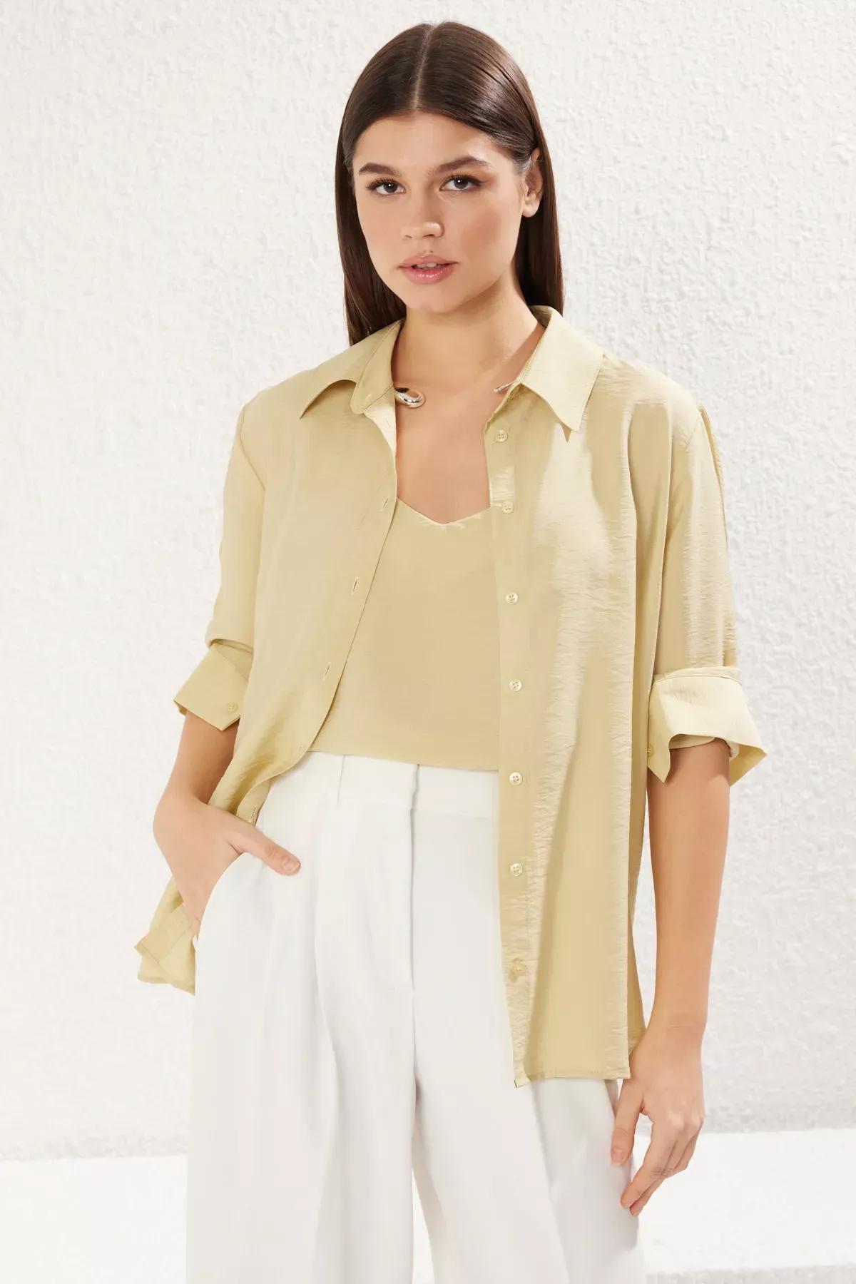 Beige Two Piece Oversize Shirt, Khaki, large image number 0
