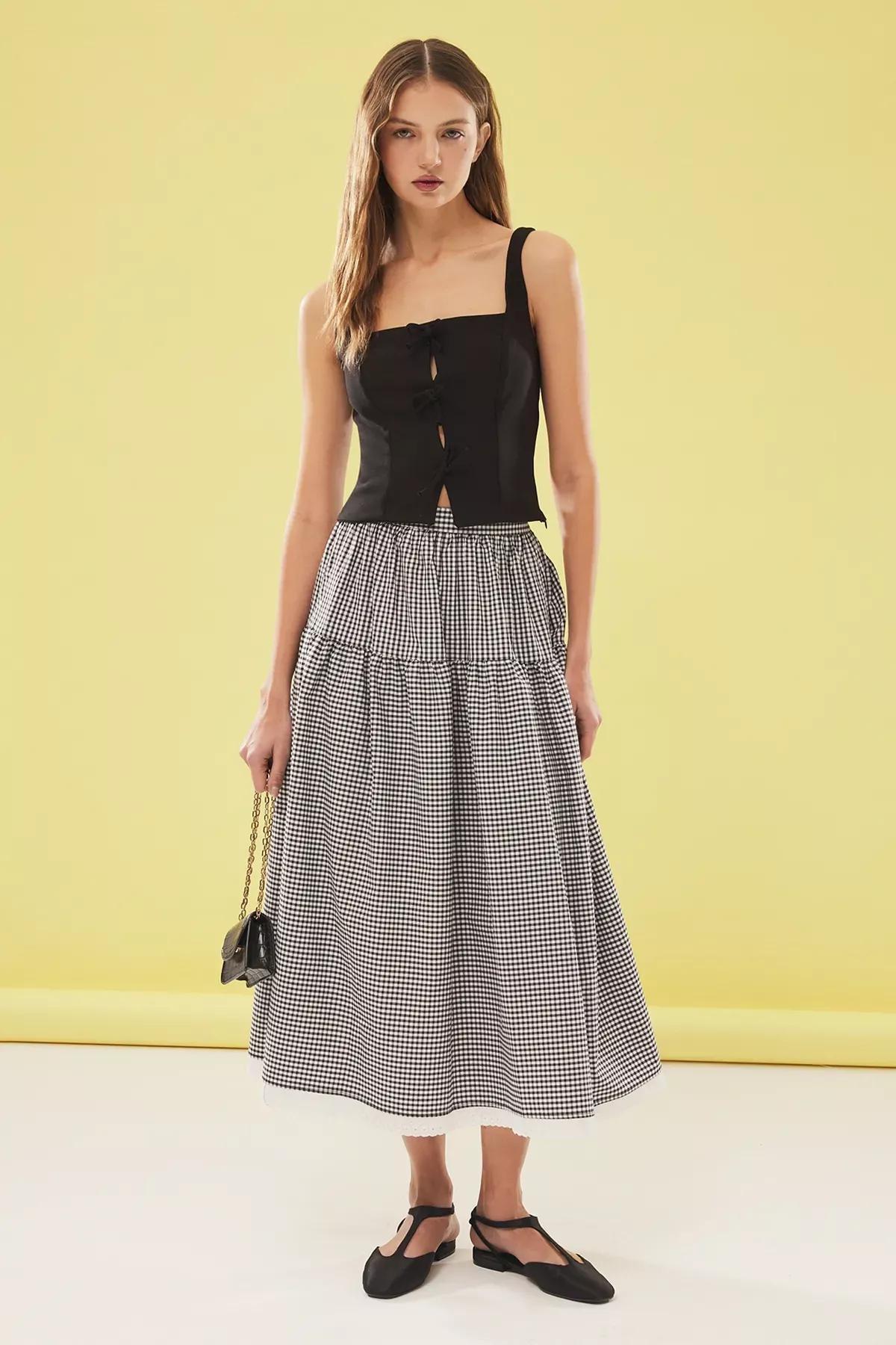 Black Gingham A-Line Midi Skirt, , large image number 0