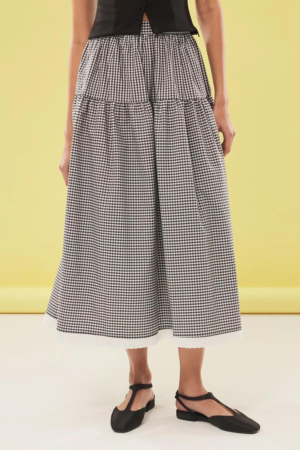 Black Gingham A-Line Midi Skirt, , large image number 3