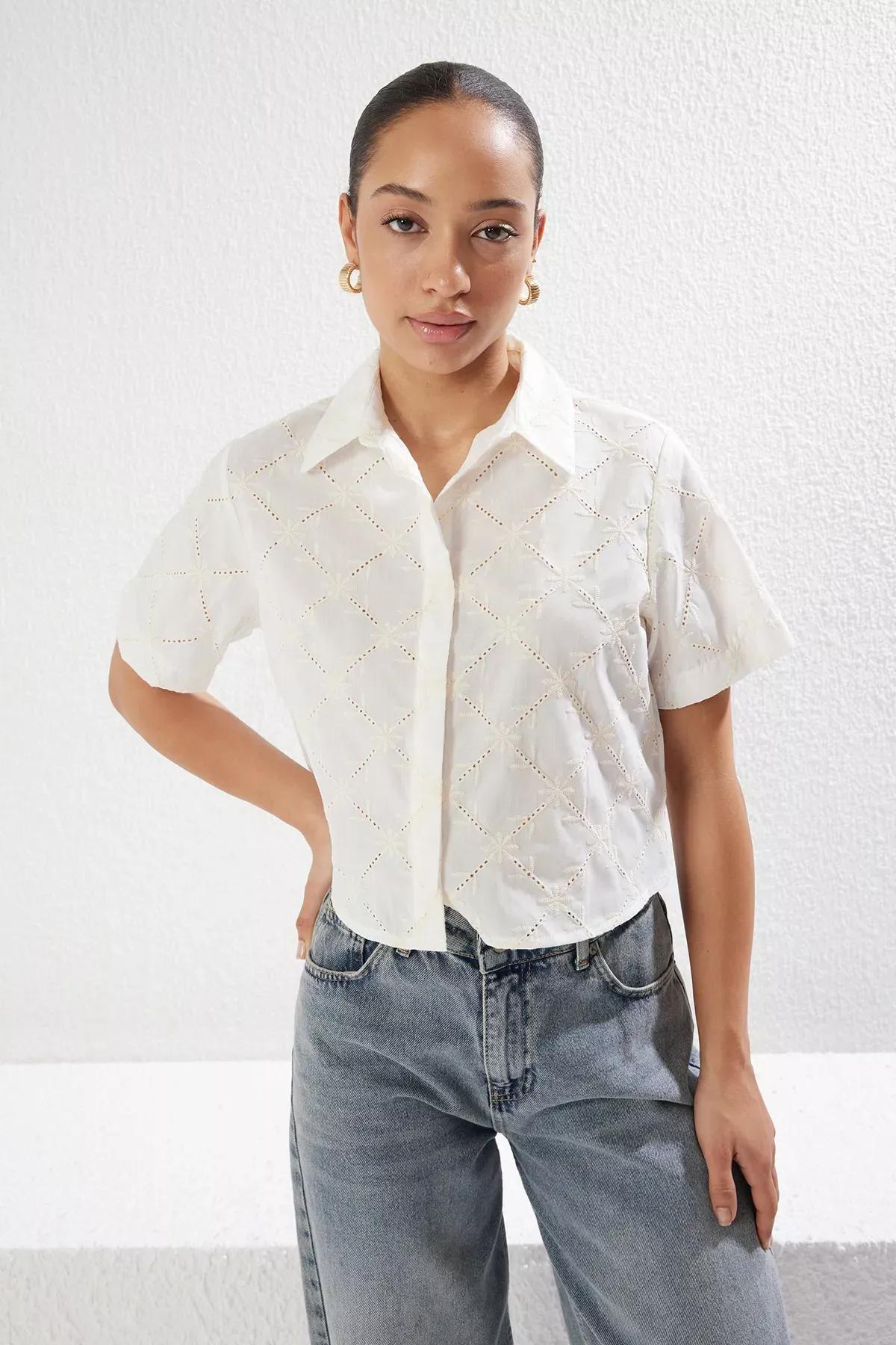 White Embroidered Short Sleeve Crop Shirt, , large image number 0