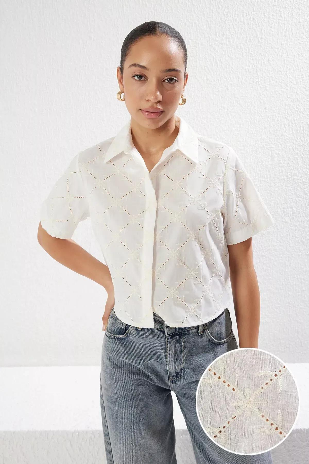 White Embroidered Short Sleeve Crop Shirt, White, large image number 1