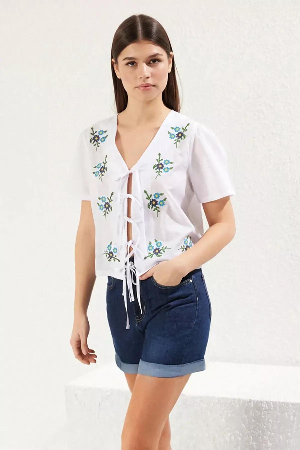 White Embroidery Tie Detail Shirt, White, large image number 0